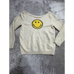GAP Sweater Women's Size Large Ivory With Yellow Smiling Face Cut Off Collar EUC